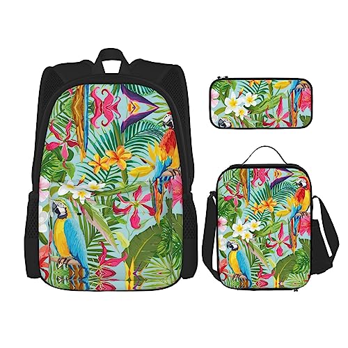 NEZIH Tropische Pflanzen und Papageien drucken langlebig, leicht, große Büchertasche, verstellbare Riemen, Rucksack mit Lunchbox und Federmäppchen,