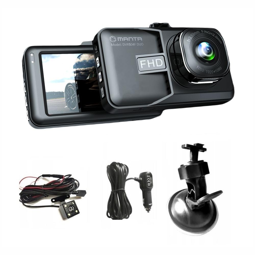 MANTA Dashcam Auto Vorne und Hinten Autokamera 1080P Full HD Loop-Aufnahm IPS 3" Display 140 ° Weitwinkel Automatische Aufnahme Parküberwachung - Dashcam für Autos mit G-Sensor - DVR504F