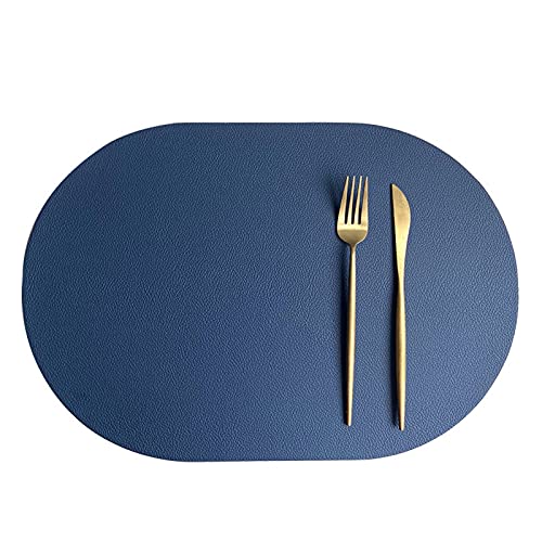 Oval Tischsets Abwischbar, Leder Kunstleder Platzset Zweifarbig Wasserdicht Platzdecken mit Untersetzer ür Hause Küche Restaurant (Blau/Grau,4 Stück)