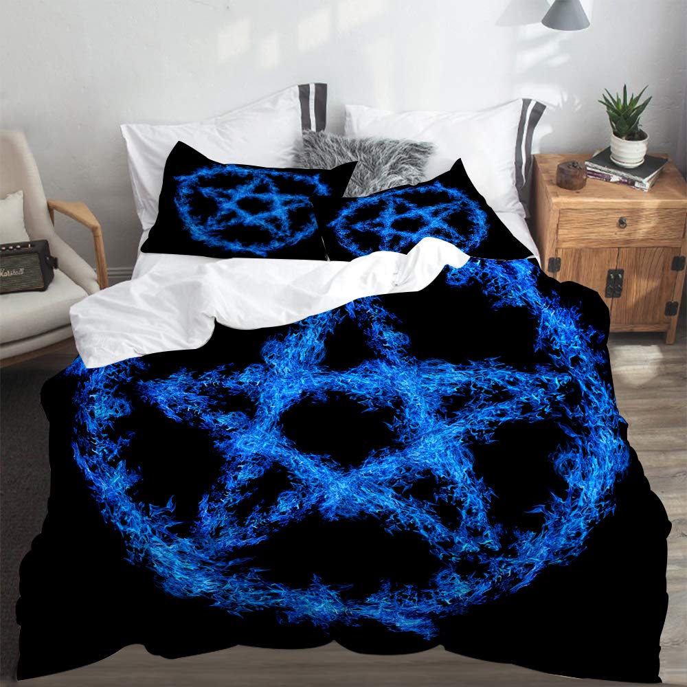 PANILUR Mikrofaser Bettwäsche 135x200cm，Pentagramm der blauen Flamme lokalisiert auf schwarzem Hintergrund，mit Reißverschluss Bettbezug 2 Kissenbezug 50x80cm