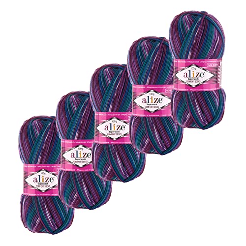 5x100g Sockenwolle Superwash Comfort 4-fädig Schurwolle Strumpfstrickgarn Farbauswahl, Farbe:4412 blau grün bordeaux violett