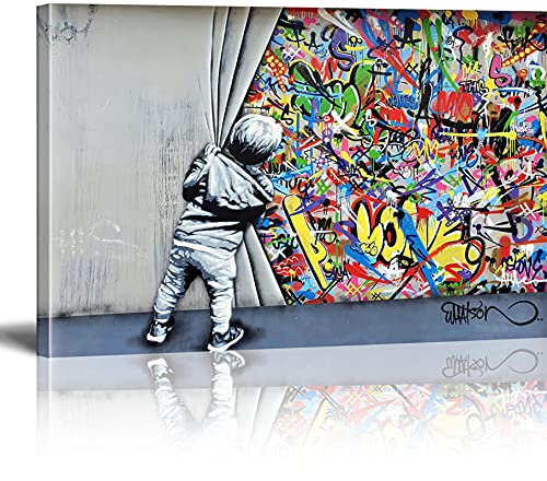 MJEDC Banksy Bilder Leinwand Behind the Curtain Graffiti Art Graffiti Street Art Leinwandbild Fertig Auf Keilrahmen Kunstdrucke Wohnzimmer Wanddekoration Deko XXL 70x100cm