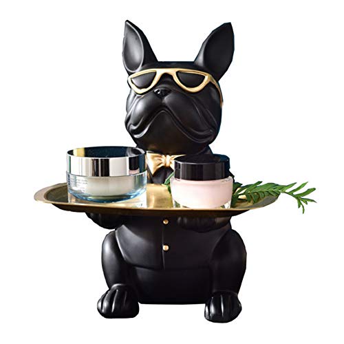 HAOXIU Sparschwein, Bulldogge Skulptur mit Edelstahl Tablett verwendet für Haushalt Lagerung Harz Hündchen Puppe Desktop-Dekoration Sparschwein