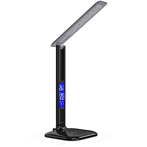 kwmobile Dimmbare LED Schreibtischlampe Lampe - Tischlampe mit USB Ladefunktion - Schreibtisch Nachttischlampe Tischleuchte mit LCD Display - Schwarz