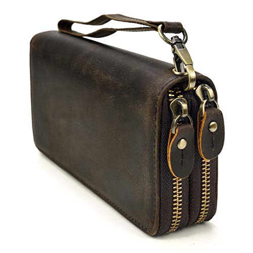 LUUFAN Echtes Leder Doppelreißverschluss Lange Brieftasche Große Kapazität Leder Clutch Wallets mit Handschlaufe (Braun 1)