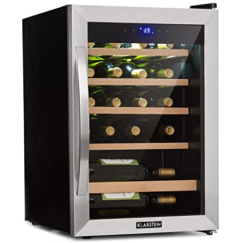 Klarstein Vinamour Weinkühlschrank - Wine Fridge mit Glastür, Weinschrank mit Touch Control Technologie, 5 bis 22°C, 5 Holzeinschübe, freistehend, 19 Flaschen / 65 Liter, schwarz