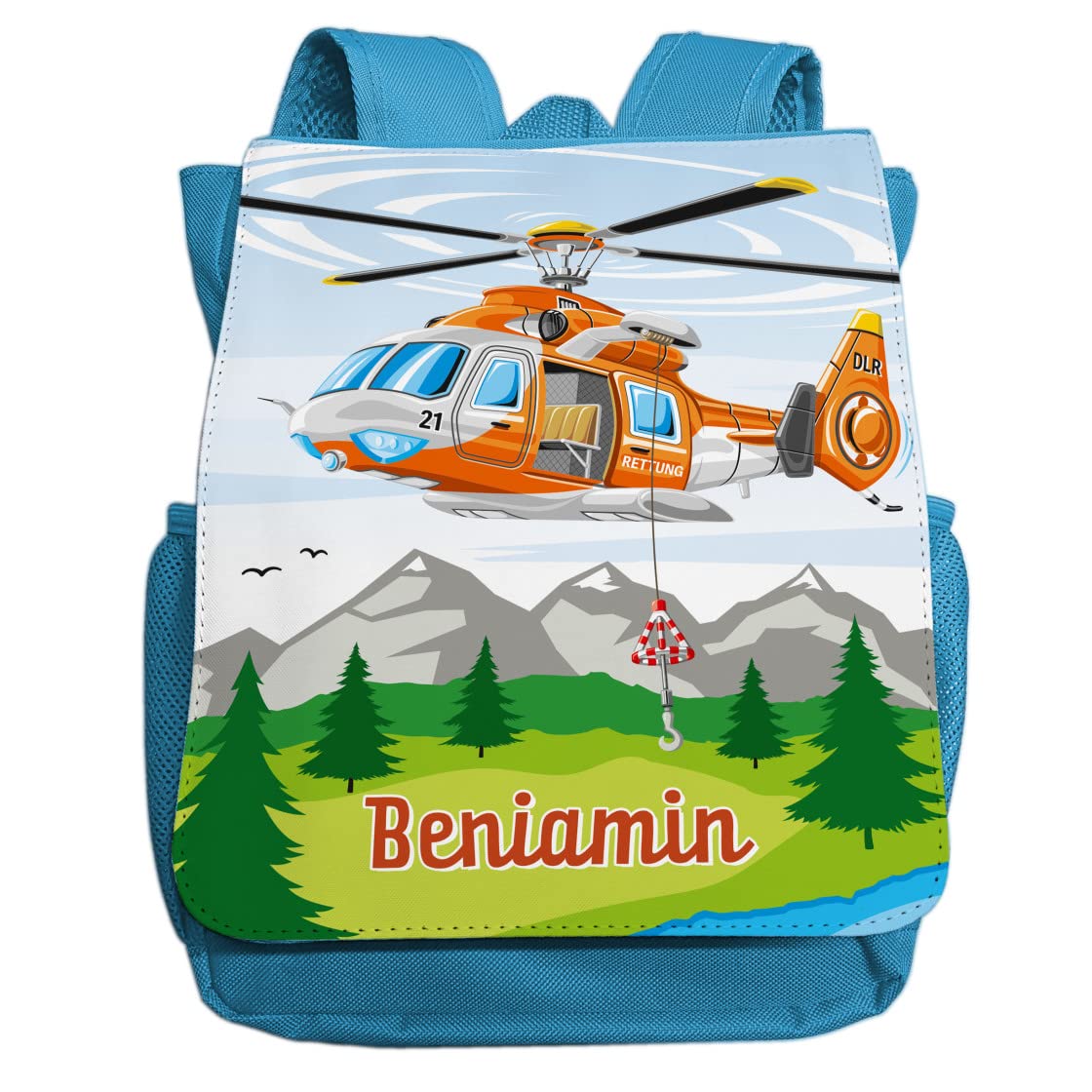 minimutz Kindergartenrucksack Helikopter für Jungen mit Name | Personalisierter Rucksack Rettungs-Hubschrauber für Kinder | Kleiner Freizeitrucksack Kinderrucksack 2-5 Jahre (hellblau)