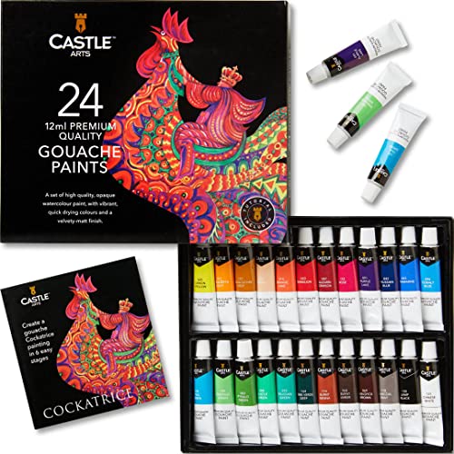 Castle Art Supplies Gouache-Farben-Set | 24x12ml brillante, gedeckte Farben auf Wasserbasis | Vielseitig, praktisch für erfahrene Künstler, Anfänger, Profis | Stabile, übersichtliche Präsentationsbox