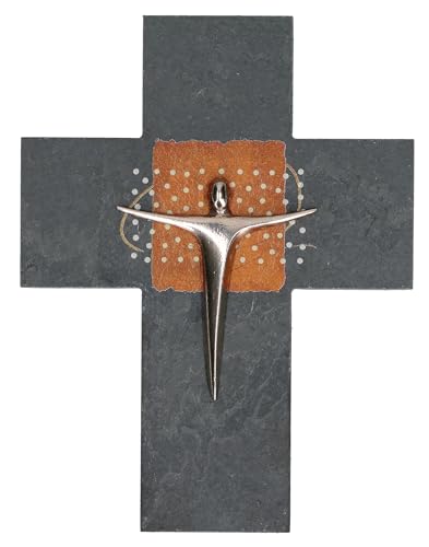 BUTZON & BERCKER Schieferkreuz mit Korpus aus Neusilber. Modernes Kruzifix nach einem Modell der Künstlerin Kerstin Stark im Geschenkset. Zur Hochzeit oder Firmung. Format 17 x 13,5 cm