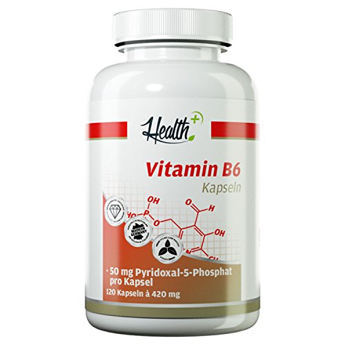 Health+ Vitamin B6 - 120 Kapseln mit 50mg P-5-P pro Kapsel, aktive Form von B6, für den Eiweißstoffwechsel und die Regulierung der Hormontätigkeit, Made in Germany