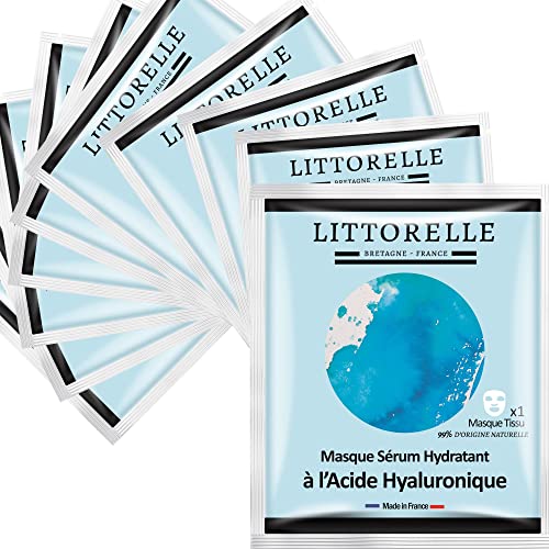 Littorelle Gesichtsmaske Nr. 4, feuchtigkeitsspendendes Serum mit Hyaluronsäure – hergestellt in Frankreich – spendet Feuchtigkeit und Repellent – Anti-Aging, stimuliert die Produktion von Kollagen – Gewebemaske für normale Haut – 10 Stück