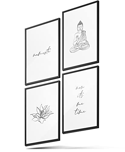 BLCKART Badezimmer Poster Set Stilvolle Bad Wandbilder mit Sprüchen WC Namaste Bilder Buddha Wandbilder Deko (A4 (Holzrahmen schwarz), Badezimmer Bilder Set | Namaste Buddha)