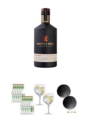 Whitley Neill Gin schwarze Flasche 0,7 Liter + Fever Tree Elderflower Tonic Water 12 x 0,2 Liter + Spiegelau Gin & Tonic 4390179 2 Gläser + Schiefer Glasuntersetzer RUND ca. 2 x 9,5 cm Durchmesser