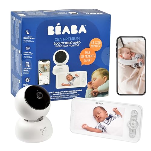 BÉABA, Ecoute Babyvideo 2-in-1, Bildschirm und mobile App, HD-Kamera, 360° drehbar, Nachtsicht, Walkie-Talkie, Wiege, Temperatur- und Feuchtigkeitskontrolle, Zen Premium