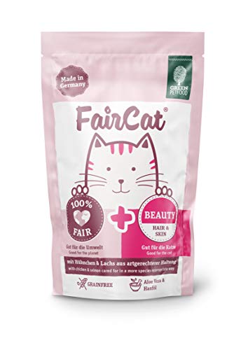 Green Petfood FairCat Beauty (16 x 85 g), getreidefreies Katzenfutter, Katzennassfutter mit Tierwohl-Hühnchen und Lachs aus artgerechter Haltung, Katzenfutter mit Hanföl für schönes Fell, 16er Pack
