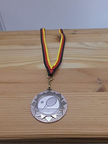 20 Stück Medaillen Tennis Tennissport aus Metall 40mm - mit einem Alu Emblem - inkl. Medaillen Band - Farbe: Silber - mit Alu Emblem 25mm - Turnier - (e104)