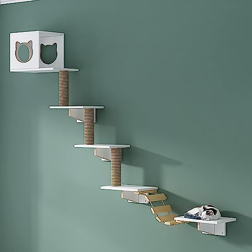 Kletterwand Katzen, 5-teiliges Katzenkletterset zur Wandmontage mit Katzenhaus und Leiter, 2 Katzensitzstangen und Katzenklettersäule (Size : Combo3)