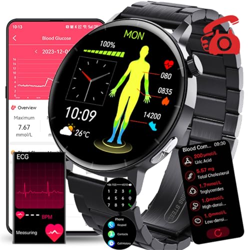 Fohatu 𝐄𝐂𝐆𝐏𝐏𝐆 Smartwatch 𝐛𝐥𝐮𝐭𝐳𝐮𝐜𝐤𝐞𝐫𝐛𝐥𝐮𝐭𝐳𝐮𝐜𝐤𝐞𝐫𝐦𝐞𝐬𝐬𝐮𝐧𝐠,Smartwatch Mit Bluetooth-Anrufe Harnsäure Blutfette Blutdruck Monitor,B