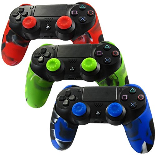 DOTBUY 3 x PS4 Dicker Hälfte Silikon Schutzhülle Sleeve + 6 Analog Cups Silikon Thumb Grips für Sony Playstation 4 Controller - Bundle (Camo Red,Green,Blue)