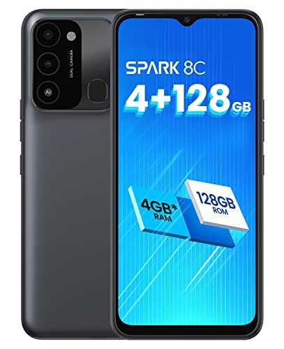 Tecno Mobile Spark 8C Smartphone (Android, Dual SIM, 720x1612px HD+D-Display, 8MP Front- und 13MP AI Dual-Kamera, bis zu 4+128GB Speicher, 5000mAh Batterie, NFC, für Social Media optimiert) Schwarz
