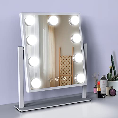 Turewell Weily Hollywood-Kosmetikspiegel mit Beleuchtung, groß, mit 3-farbigem Licht und 9 dimmbaren LED-Lampen, intelligenter beleuchteter Touch-Steuerungsbildschirm und 360-Grad-Drehung, Weiß
