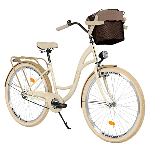 Milord. 26 Zoll 1-Gang Creme Braun Komfort Fahrrad mit Korb Hollandrad Damenfahrrad Citybike Cityrad Retro Vintage