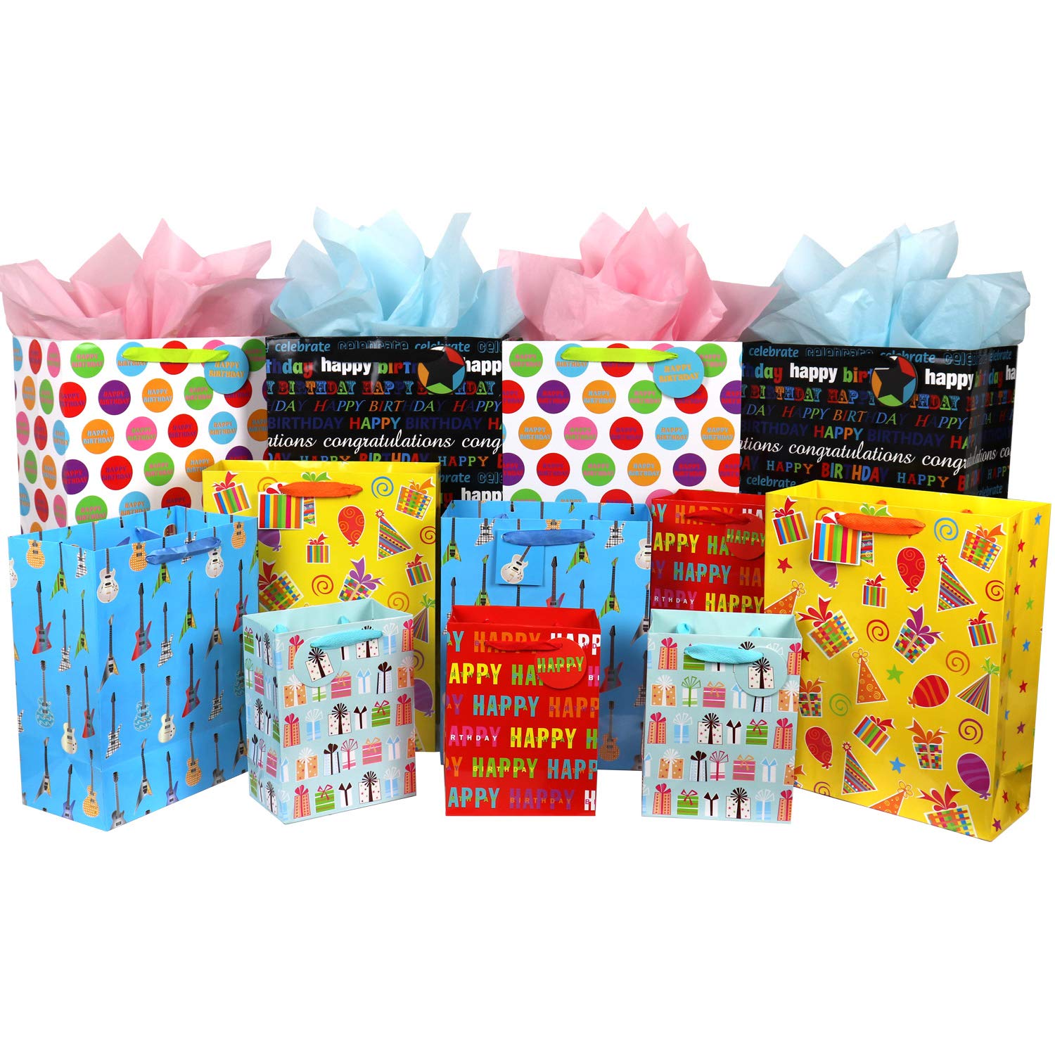 12 Pcs Birthday Gift Bags| Large| Medium and Small Gift Bags Assortment for Boys| Girls| Women| Men (Assorted Sizes)