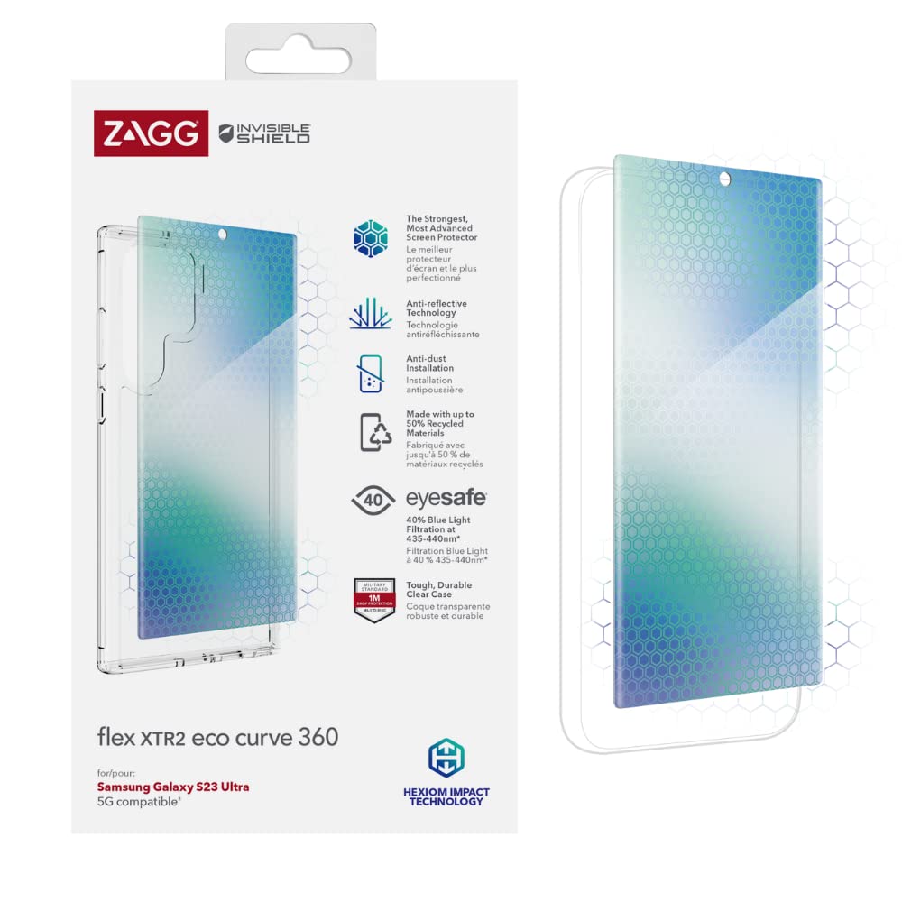 ZAGG InvisibleShield Flex Curve XTR2 ECO 360 Screen Protector Compatible for Samsung Galaxy S23 Ultra Bundle, Shockproof, Strong, Anti-Reflective, Blue Light Eyesafe, 5G, Clear