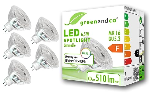 5x greenandco® CRI 90+ MR16 GU5.3 dimmbarer LED Spot, 6,5W 510 lm 38° 3000K warmweiß 12V AC/DC, 2 Jahre Garantie