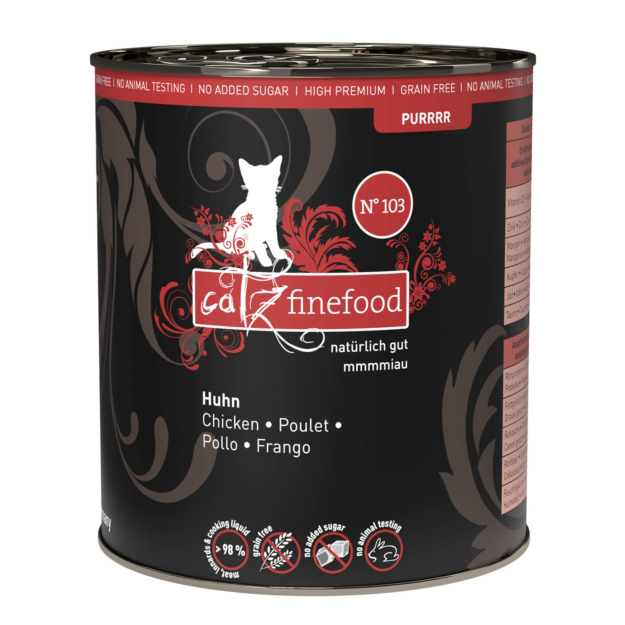 catz finefood Purrrr Huhn Monoprotein Katzenfutter nass N° 103, für ernährungssensible Katzen, 70% Fleischanteil, 6 x 800g Dose