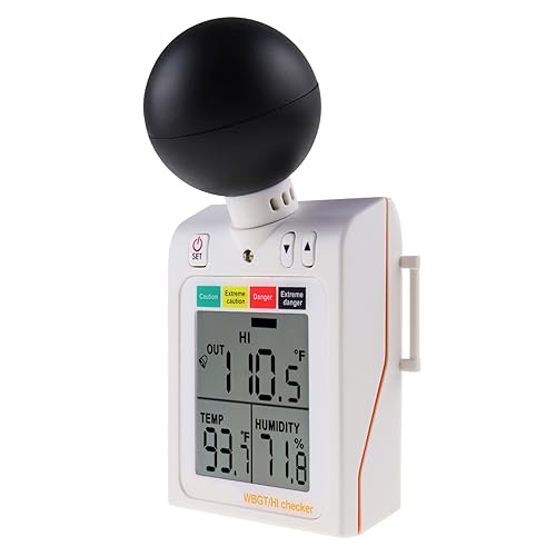Tragbar 2 in 1 WBGT + HI Hitzeindex-Checker Feuchtkugel-Globus Temperatur-Hitzestressmessgerät Lufttemperatur-Feuchtigkeitstester mit Akustischem Alarm zur Anzeige Gefährlicher Füllstände