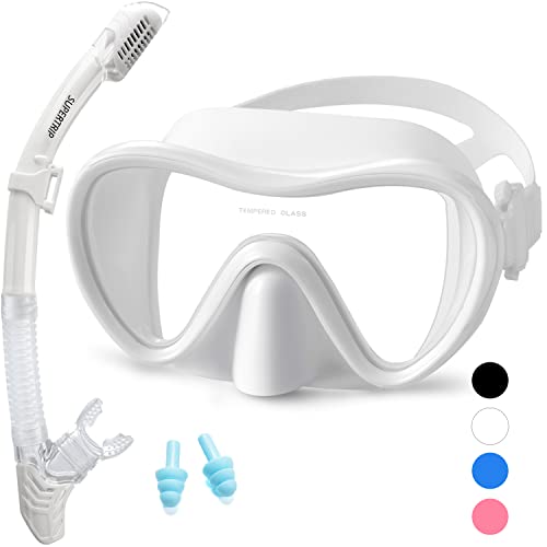 Supertrip Trocken Schnorchelset mit Anti-beschlag Taucherbrille Panorama Blickfeld gehärtete wasserdichte Gläser Schnorchelbrille Taucherset für Erwachsene Unisex Trockenschnorchel Weiß