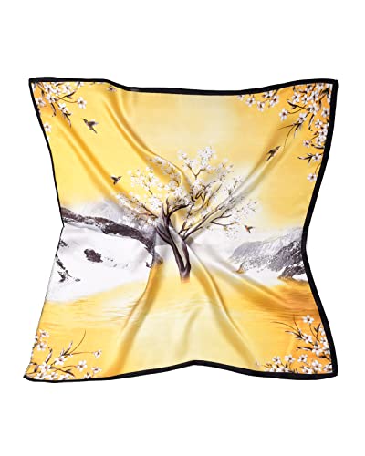 MayTree Seidentuch, buntes Halstuch für Damen aus 100% Maulbeer-Seide, quadratisch Kirschbaum 53x53 (gold)