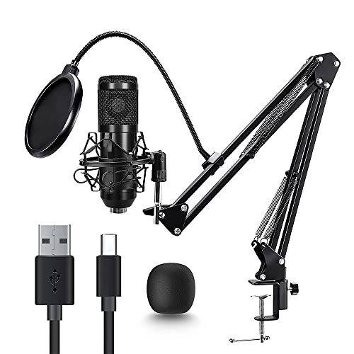 USB-Mikrofon für PC, professionelles 192 KHz/24 Bit Kondensator-Aufnahme-Mikrofon-Set für Podcast, Aufnahmen für YouTube, Streaming, Spielen, Aufnehmen von Musik, Voice Over, Livestreaming (schwarz)