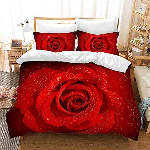 Rot Rose Bettwäsche,Erwachsene Kinder Bettbezug,3D Microfaser Bettwäsche mit kopfkissenbezüge,Rose Bettbezug für Schlafzimmer, weiche bequemer (135x200cm, rote Rose)