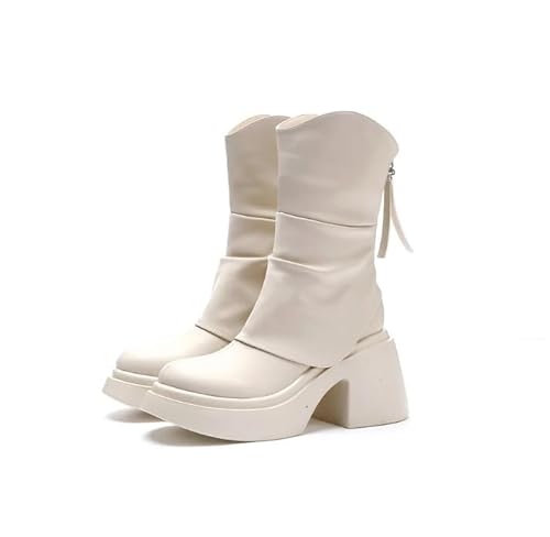 OUBOSI Hosen Stiefel Chunky Heel Mid-Calf Stiefel Weiblich Herbst Und Winter Mode Vielseitig Runder Kopf Dicken Boden Hochhackigen,WHITE,35