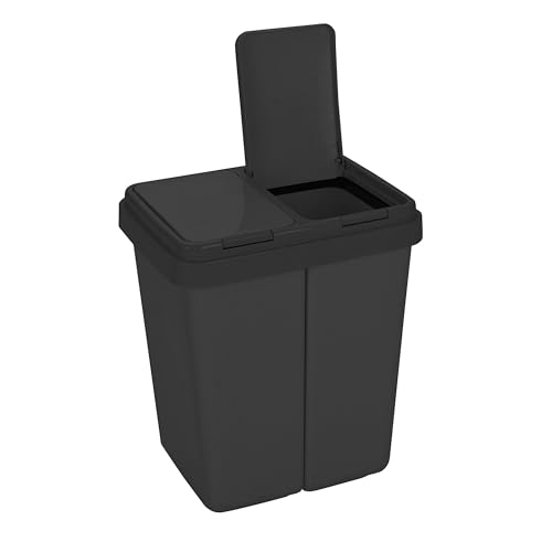 Ribelli Zweimer Duo Müllbehälter mit Deckel 2 x ca. 25 Liter, Kunststoff Mülleimer für die Küche geruchsdichter Abfalleimer Mülltrennsystem, ca. 45 x 32 x 51 cm, Schwarz, 502000
