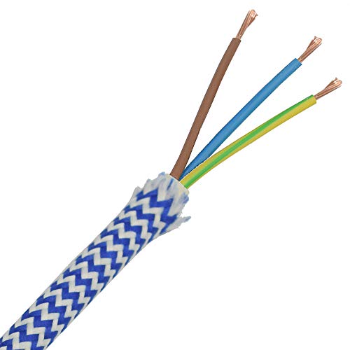 10m Stoffkabel Blau Weiss Zickzack 3x0,75qmm 3G Textilkabel Lampenkabel Leuchtenkabel Kabel Stromkabel umsponnen