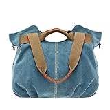 PB-SOAR Damen Vintage Canvas Handtasche Schultertasche Umhängetasche Henkeltasche 30 x 25 x 14cm(B x H x T) (Blau)