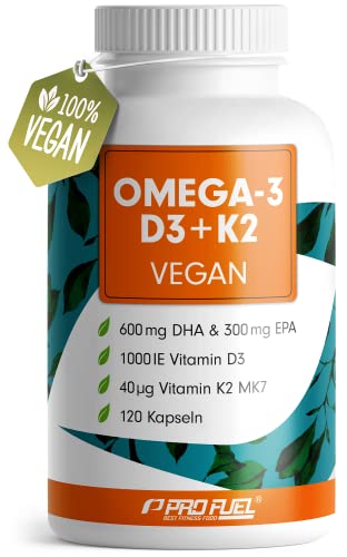 Omega-3 vegan + Vitamin D3 & K2 - 1.100 mg Algenöl mit 600mg DHA & 300mg EPA + 1000 IE Vitamin D3 + 40 µg Vitamin K2 - hochdosiert & bioverfügbar - O3 D3 K2 Essentials - vegane Omega-3 Kapseln | 2x60