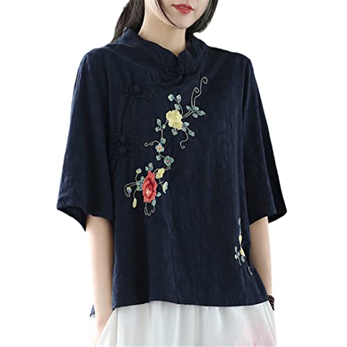Sommer-Stickerei-Hemd-Frauen-chinesische traditionelle lose Knopf-Oben Bluse Tang-Hanfu-Kurzarm-T-Shirt Navy M