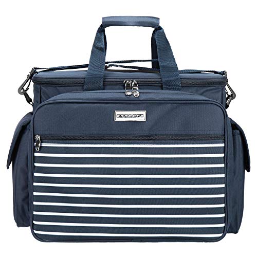 anndora Picknicktasche Kühltasche mit 32 Teile Zubehör für 4 Personen - Navy blau weiß gestreift
