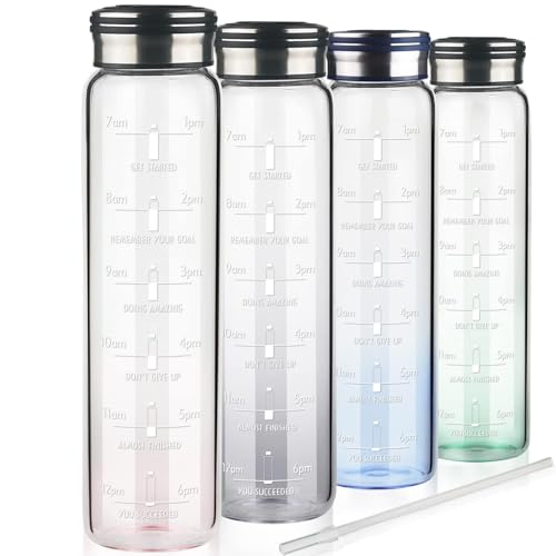 Cleesmil Trinkflasche Glas 1l, Motivierende Wasserflasche mit Strohhalm & Zeitmarkierungen, 1 Liter Glasflasche mit Neoprenhülle, Kohlensäure Geeignet