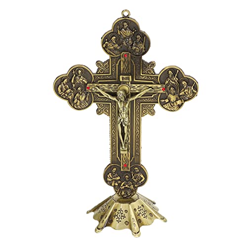 Stehendes Kruzifix, Fürbitte, Wand- und Tischkreuz, Kruzifix mit Eingelegtem Rotem Vintage-Metallmaterial, Antik-Bronze-Finish, Religiöses Geschenk, Heimdekoration, Altarskulptur mit Stabiler Basis Fü