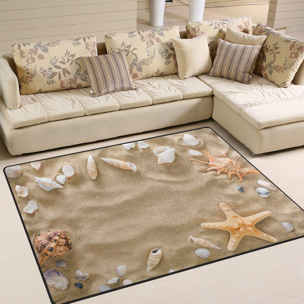 Use7 Sommer-Muschel-Teppich mit Seestern und Kieselsteinen, für Wohnzimmer, Schlafzimmer, 203 cm x 147,3 cm
