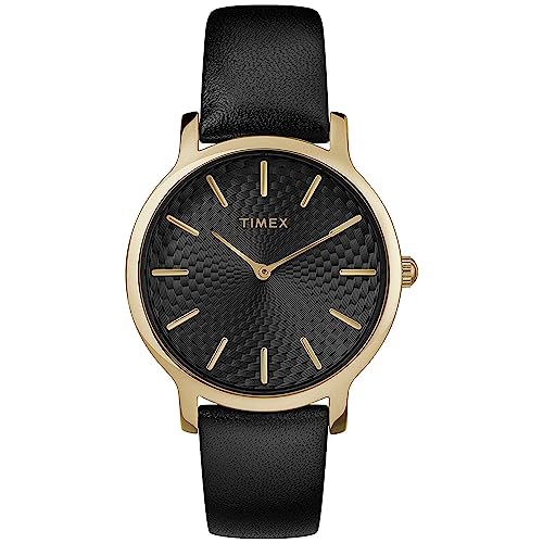 Timex Damen Trend 34mm Uhr - Gold-Ton Gehäuse mit Schwarzem Zifferblatt und Schwarzem Lederarmband TW2R36400