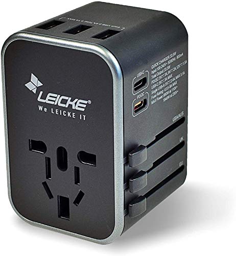 LEICKE Universaler Reiseadapter internationaler Reisestecker AC Steckdosenadapter, 6,5 A für 3 USB A Anschlüsse und 2 Typ C für mehr als 224 Länder mit US/EU/UK/AUS Steckern