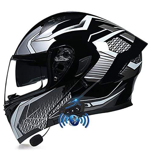 LPXPLP Klapphelm Mit Bluetooth, Motorradhelm Integrierter Bluetooth-Helm DOT/ECE Genehmigt Motorrad Full Face Helm Rollerhelm Doppelspiegel Sturzhelm Unisex Saubere Linse 5,M