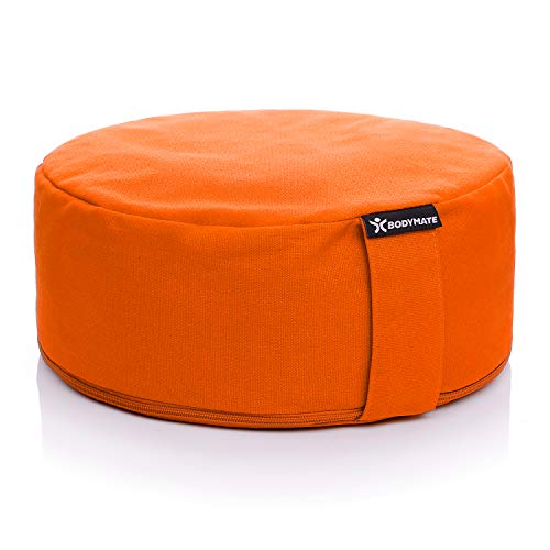 BODYMATE Yogakissen rund 31cm Durchmesser 13cm hoch Orange mit Buchweizen-Spelz Füllung - Maschinenwaschbarer Bezug aus 100% extra Dicker Baumwolle - Meditationskissen - Sitzkissen