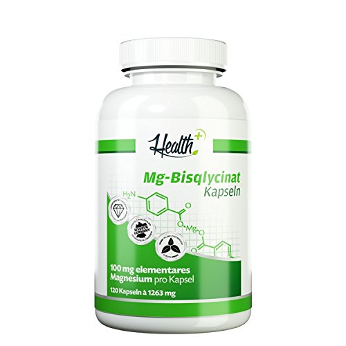Health+ Magnesium Bisglycinat - 120 Mineralien-Kapseln, 100 mg elementares Magnesium pro Kapsel, mit Bisglycinat und Aminosäure L-Glycin, Made in Germany